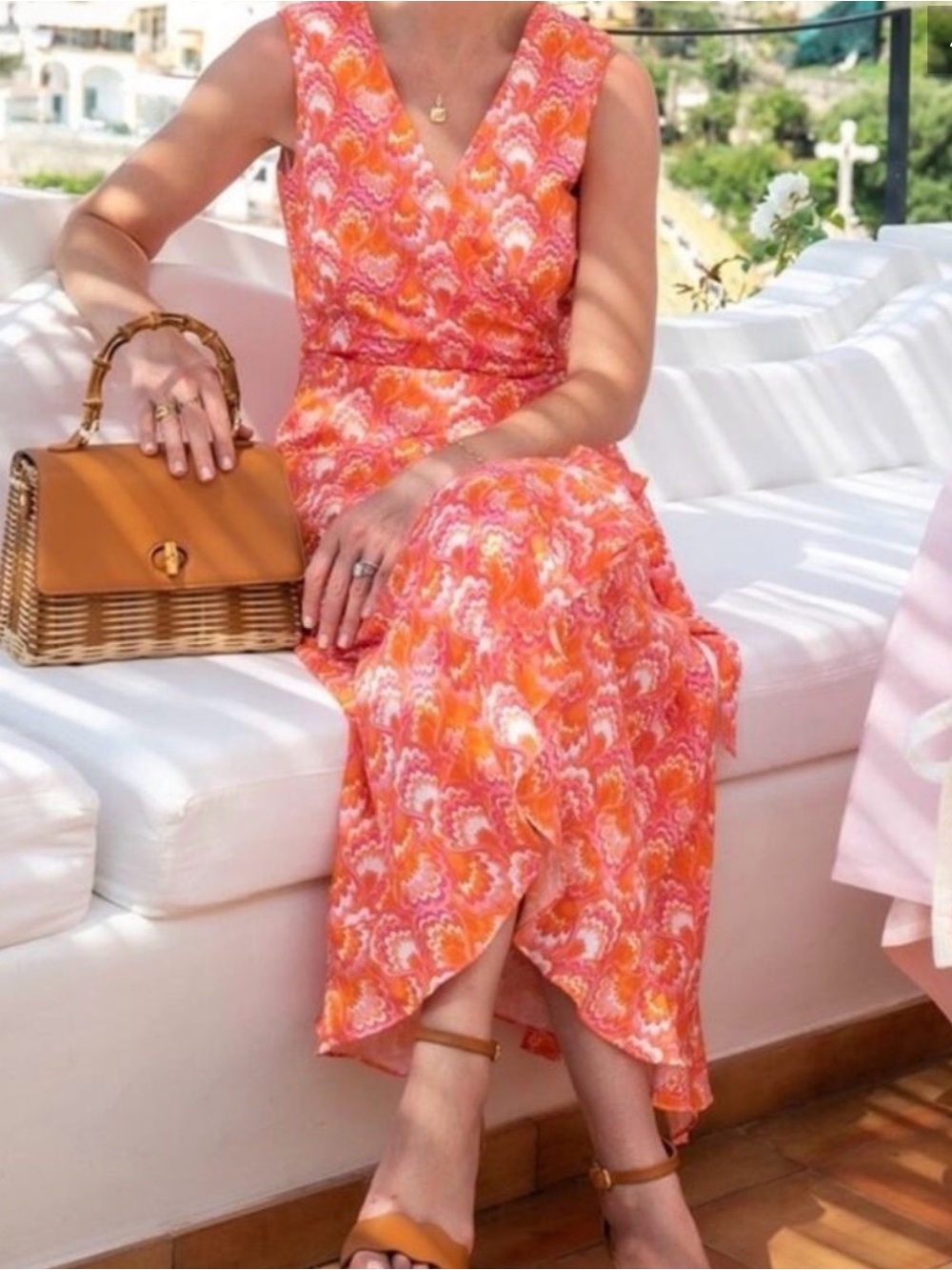 Perfect like new J. McLaughlin pink orange Ruffle midi linen cotton wrap Dress S